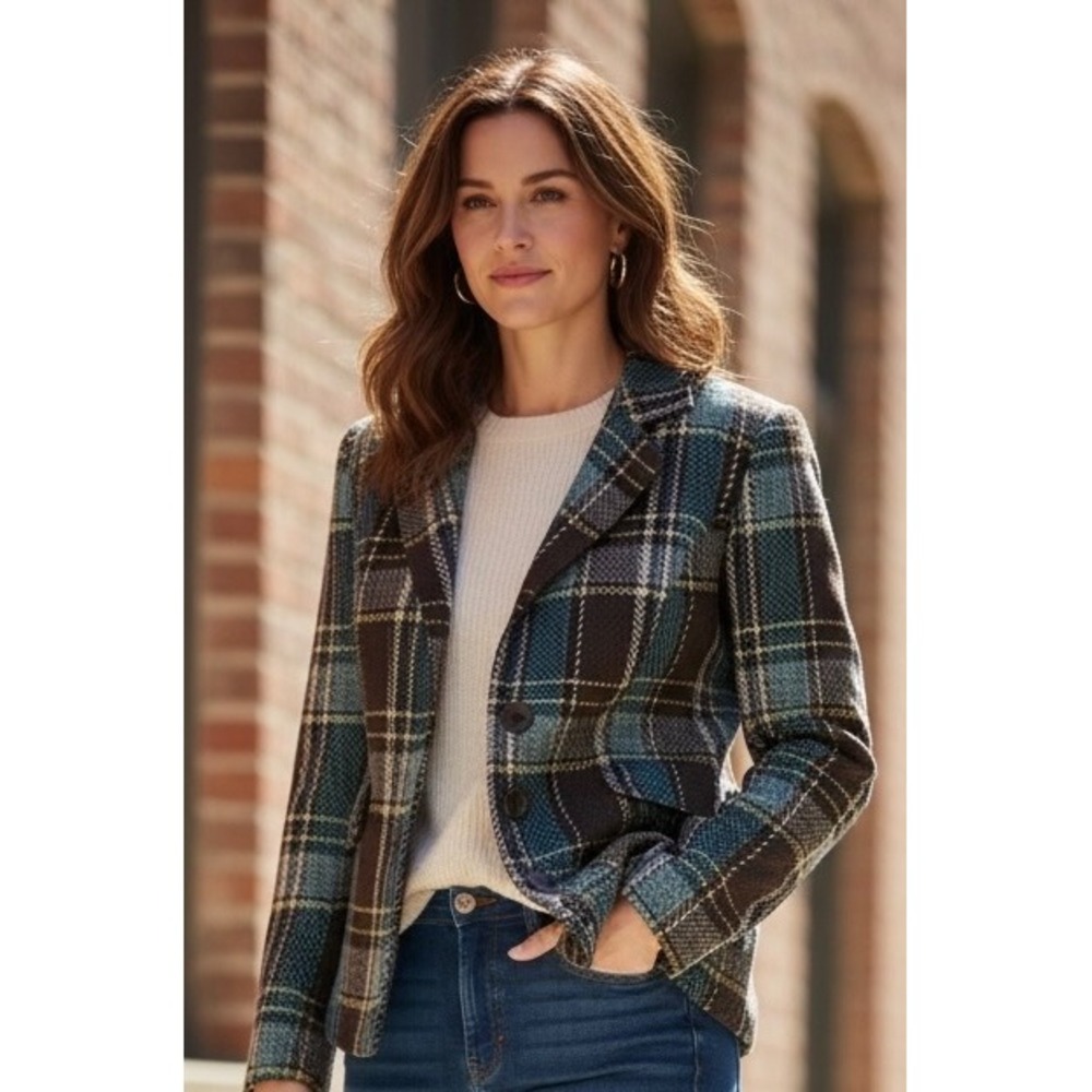 RQT Woman Teal Brown Plaid Jacket 1X NWT Acrylic Wool Herringbone Textured